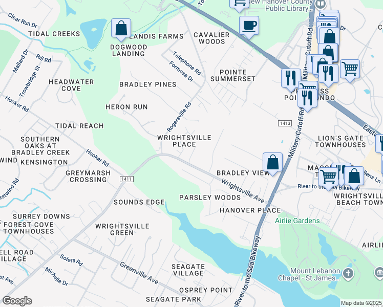 map of restaurants, bars, coffee shops, grocery stores, and more near 6229 Wrightsville Avenue in Wilmington