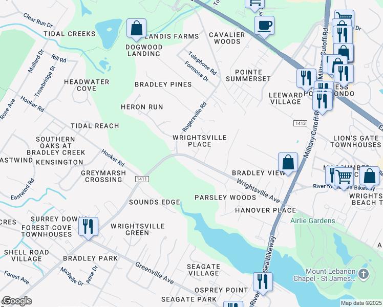 map of restaurants, bars, coffee shops, grocery stores, and more near 6211 Wrightsville Avenue in Wilmington
