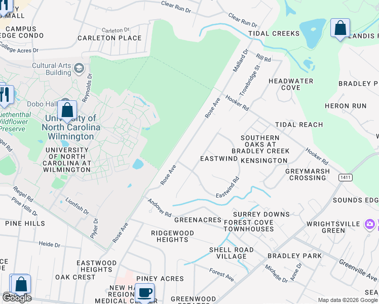 map of restaurants, bars, coffee shops, grocery stores, and more near 509 Camway Dr in Wilmington