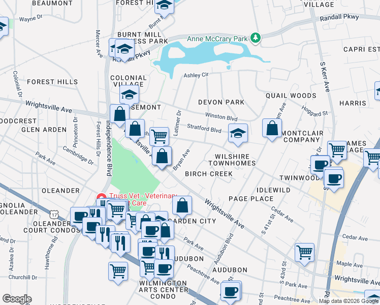 map of restaurants, bars, coffee shops, grocery stores, and more near 1001 Bryan Avenue in Wilmington