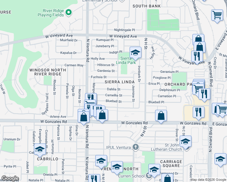 map of restaurants, bars, coffee shops, grocery stores, and more near 1241 Camellia Street in Oxnard