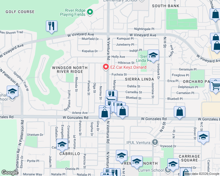 map of restaurants, bars, coffee shops, grocery stores, and more near 2056 North Ventura Road in Oxnard