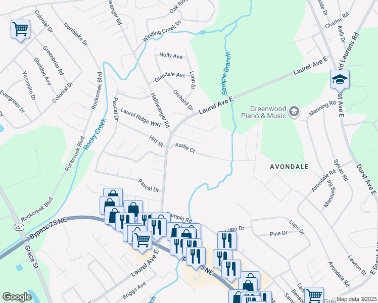 map of restaurants, bars, coffee shops, grocery stores, and more near 122 Karlie Court in Greenwood