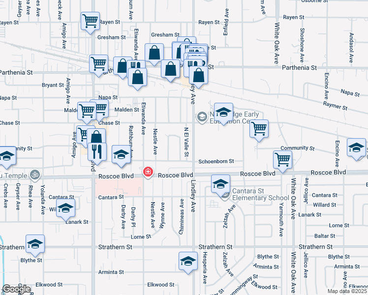 map of restaurants, bars, coffee shops, grocery stores, and more near 8400 Chimineas Avenue in Los Angeles