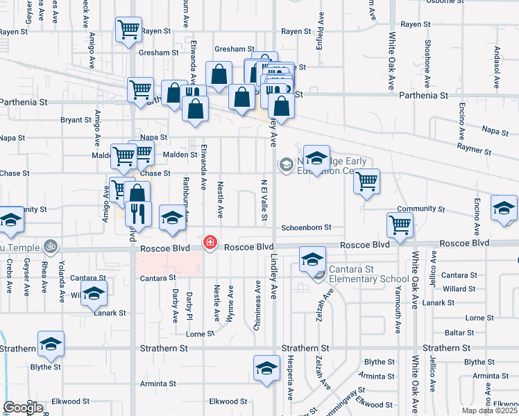 map of restaurants, bars, coffee shops, grocery stores, and more near 8400 Chimineas Avenue in Los Angeles