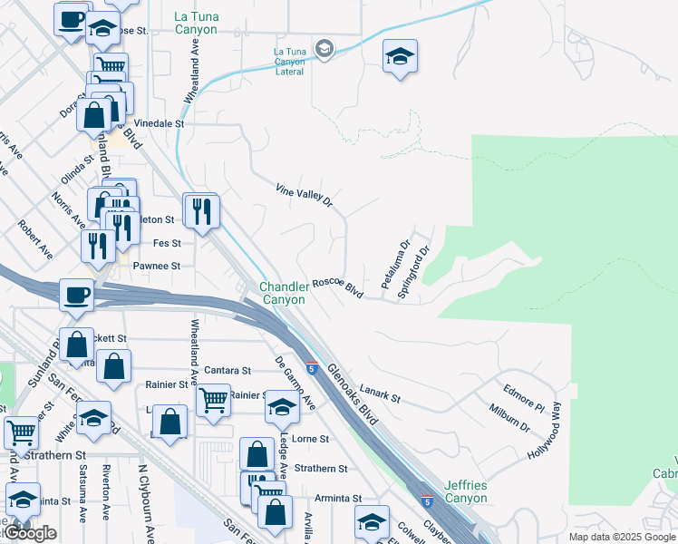 map of restaurants, bars, coffee shops, grocery stores, and more near 8369 Vine Valley Drive in Los Angeles