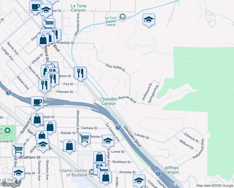 map of restaurants, bars, coffee shops, grocery stores, and more near 8372 Outland View Drive in Los Angeles
