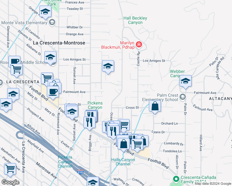 map of restaurants, bars, coffee shops, grocery stores, and more near 35281/2 Ocean View Boulevard in Glendale