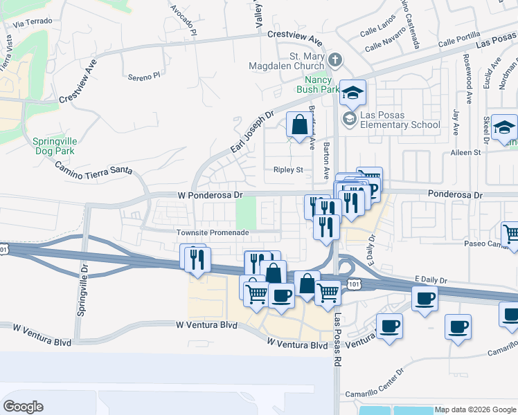 map of restaurants, bars, coffee shops, grocery stores, and more near 647 Mustang Street in Camarillo