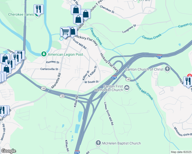 map of restaurants, bars, coffee shops, grocery stores, and more near 6165 Short Street in Canton