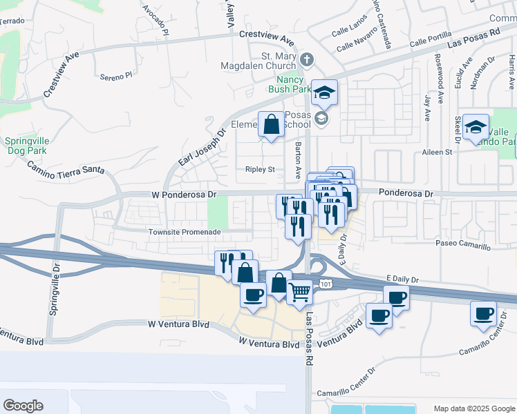 map of restaurants, bars, coffee shops, grocery stores, and more near 668 Spring Oak Road in Camarillo
