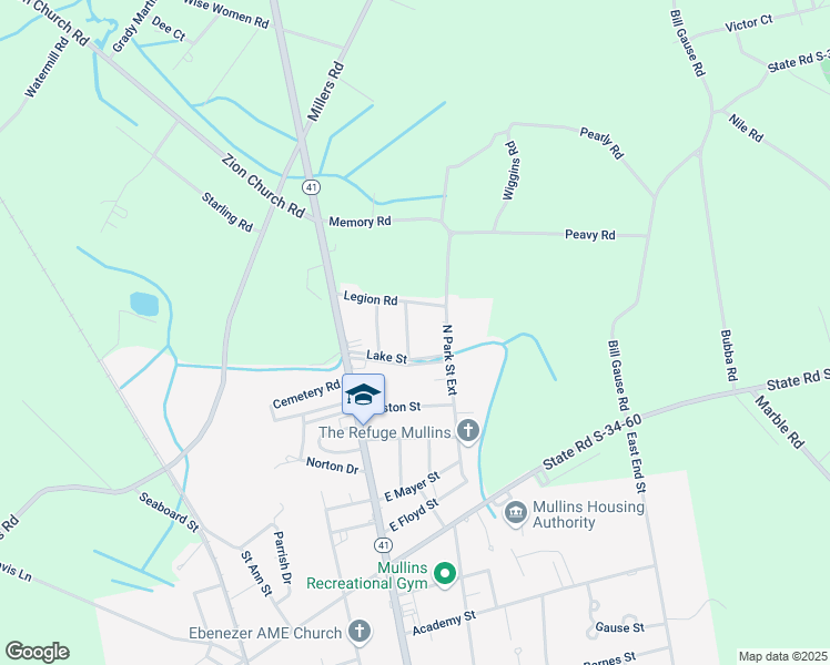 map of restaurants, bars, coffee shops, grocery stores, and more near 1208 Albert Street in Mullins