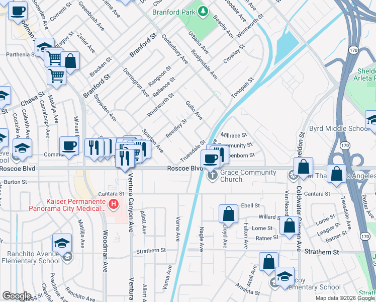 map of restaurants, bars, coffee shops, grocery stores, and more near 13361 Truesdale Street in Los Angeles