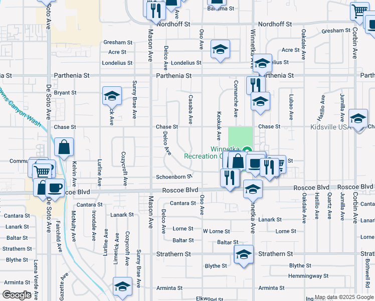map of restaurants, bars, coffee shops, grocery stores, and more near 8372 Fullbright Avenue in Los Angeles