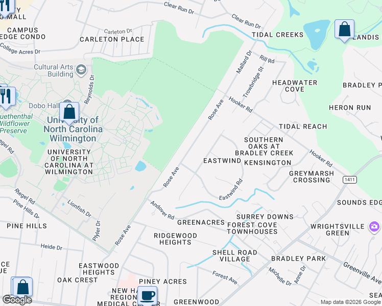 map of restaurants, bars, coffee shops, grocery stores, and more near 509 Camway Dr in Wilmington