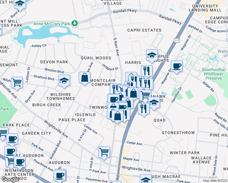 map of restaurants, bars, coffee shops, grocery stores, and more near 712 Varsity Drive in Wilmington
