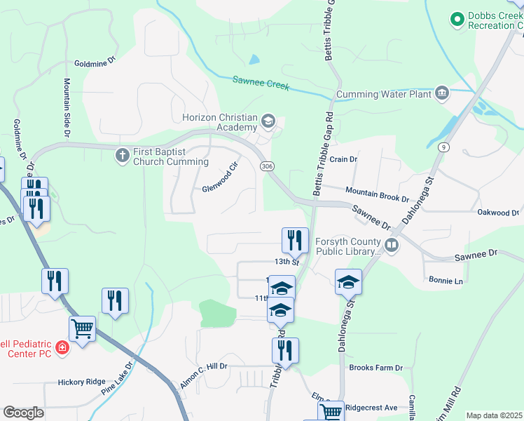 map of restaurants, bars, coffee shops, grocery stores, and more near 1745 Fairburn Drive in Cumming