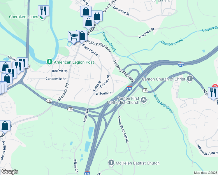 map of restaurants, bars, coffee shops, grocery stores, and more near 6165 Short Street in Canton