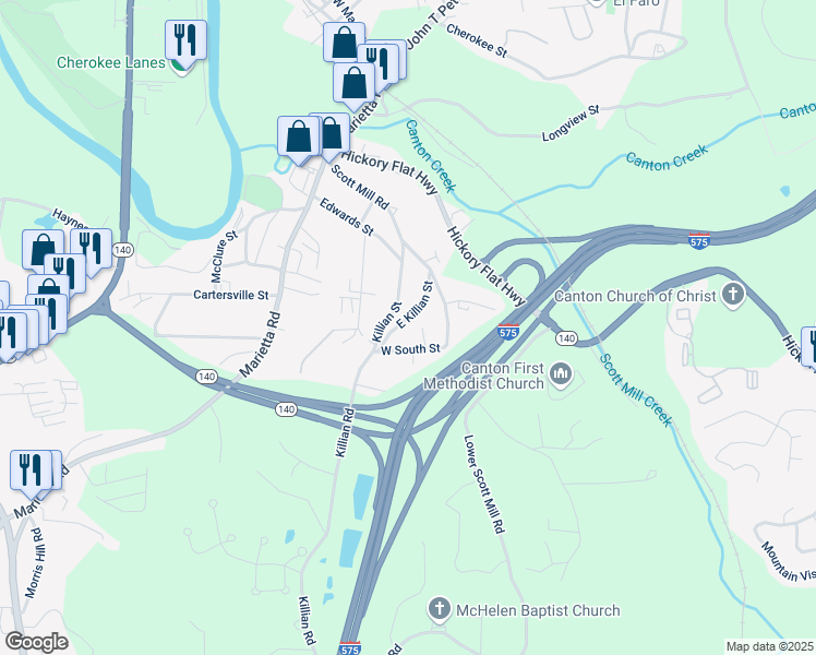 map of restaurants, bars, coffee shops, grocery stores, and more near 241 Killian Street in Canton