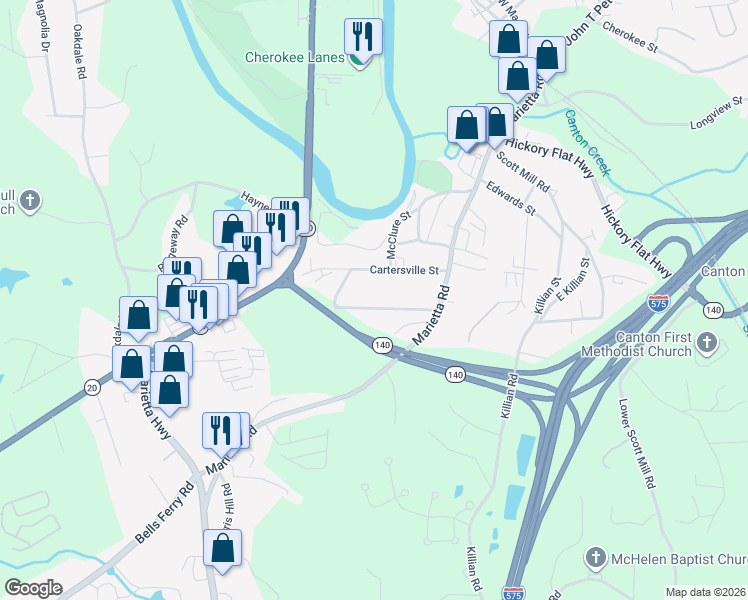 map of restaurants, bars, coffee shops, grocery stores, and more near 270 McLain Street in Canton