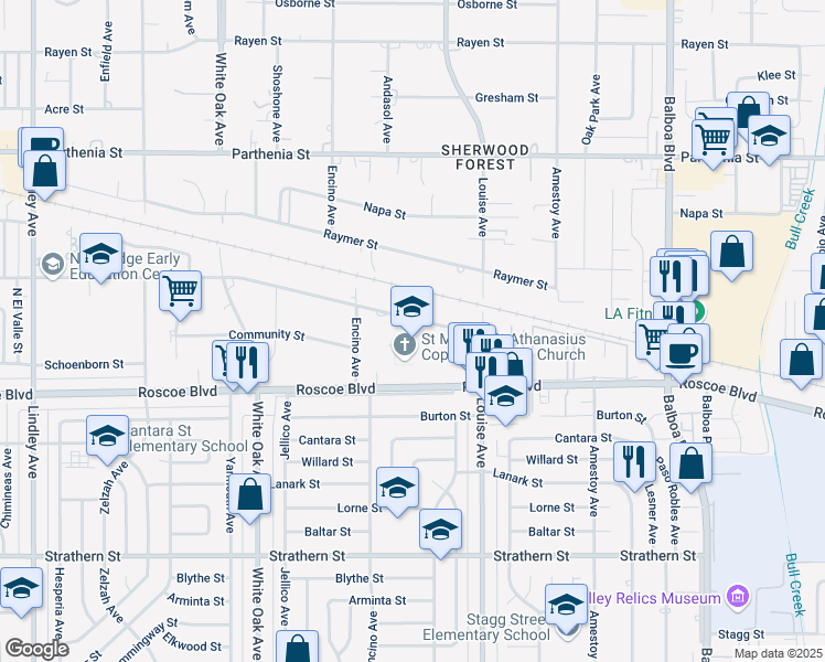 map of restaurants, bars, coffee shops, grocery stores, and more near 17402 Chase Street in Los Angeles