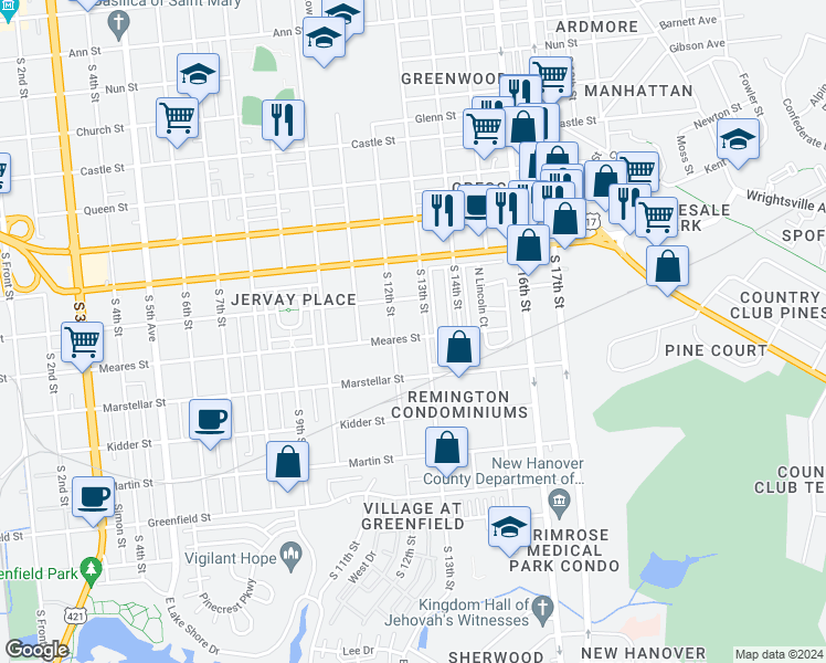 map of restaurants, bars, coffee shops, grocery stores, and more near 1213 Meares Street in Wilmington