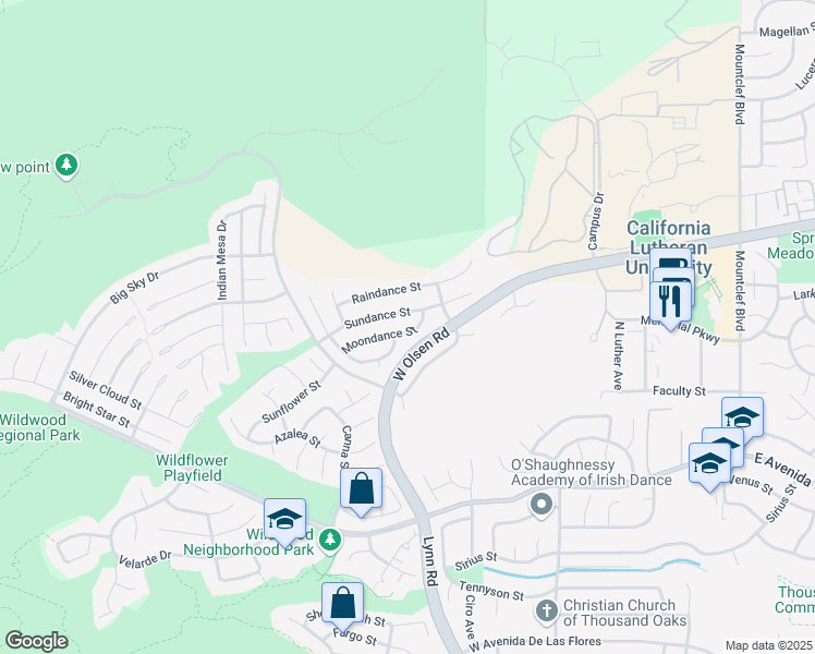map of restaurants, bars, coffee shops, grocery stores, and more near 453 Moondance Street in Thousand Oaks