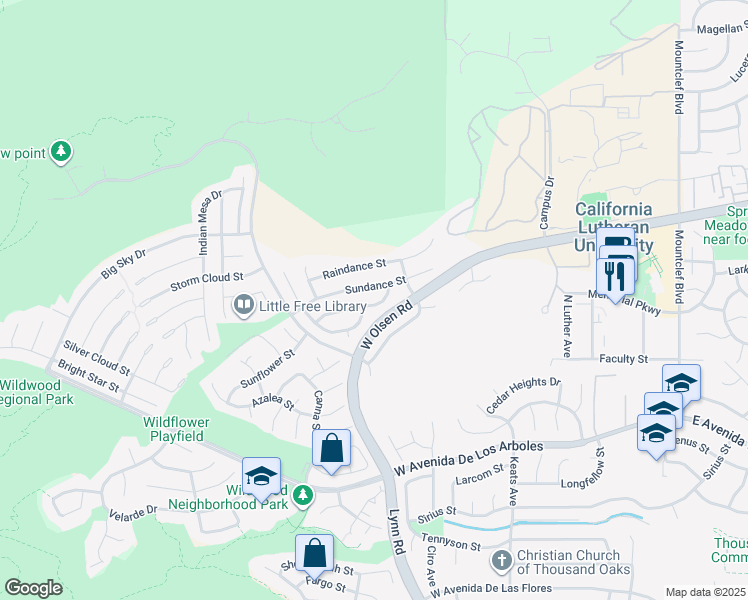 map of restaurants, bars, coffee shops, grocery stores, and more near 453 Moondance Street in Thousand Oaks