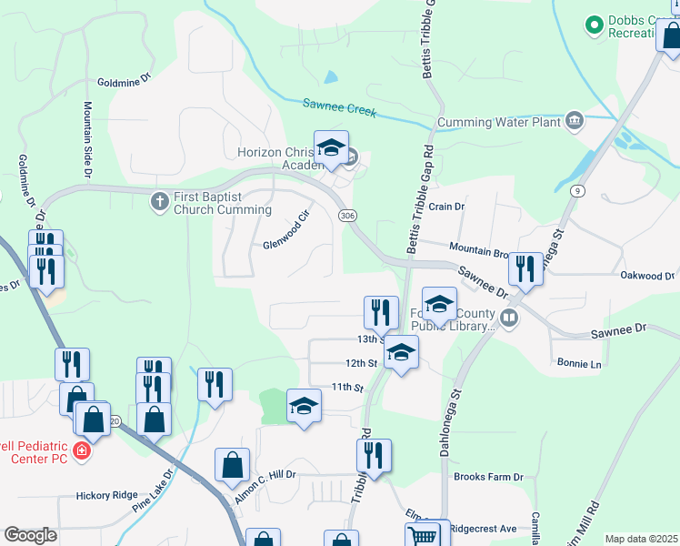 map of restaurants, bars, coffee shops, grocery stores, and more near 1745 Fairburn Drive in Cumming