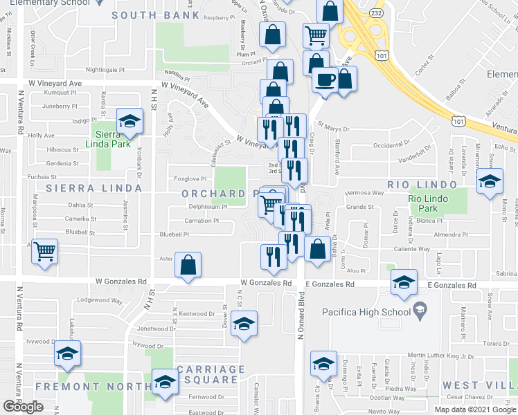 map of restaurants, bars, coffee shops, grocery stores, and more near 2160 Blackberry Circle in Oxnard