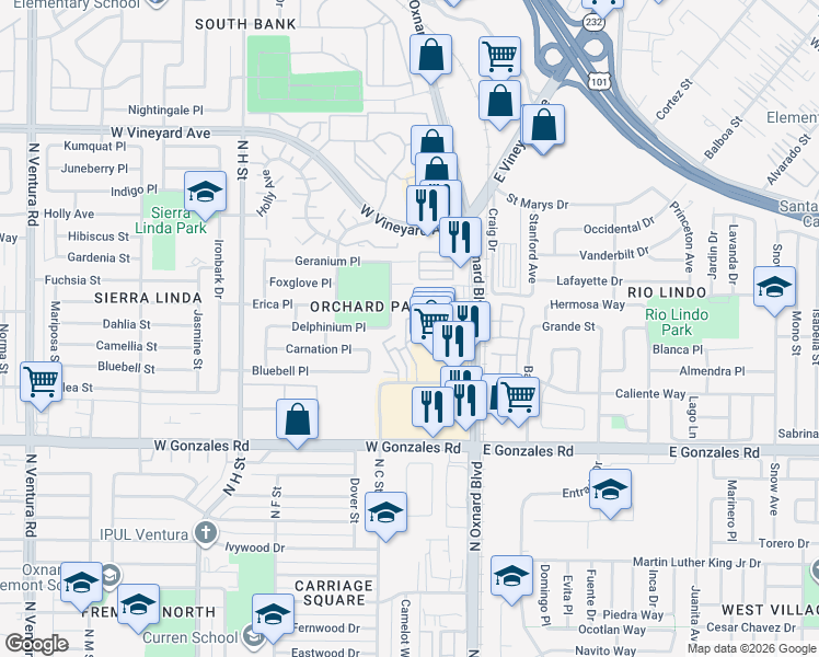 map of restaurants, bars, coffee shops, grocery stores, and more near 2160 Blackberry Circle in Oxnard