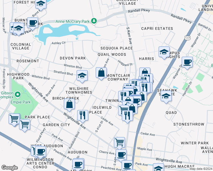 map of restaurants, bars, coffee shops, grocery stores, and more near 722 Montclair Drive in Wilmington