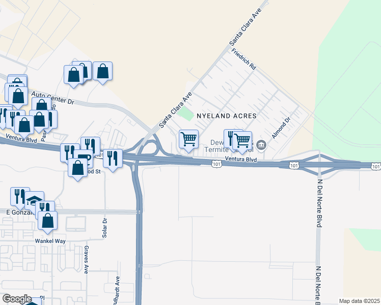 map of restaurants, bars, coffee shops, grocery stores, and more near 2691 Ventura Boulevard in Oxnard