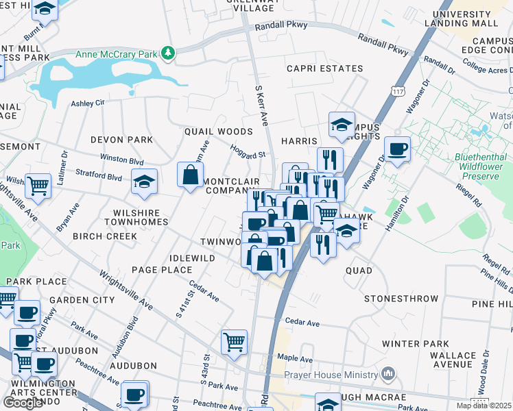 map of restaurants, bars, coffee shops, grocery stores, and more near 712 Varsity Drive in Wilmington