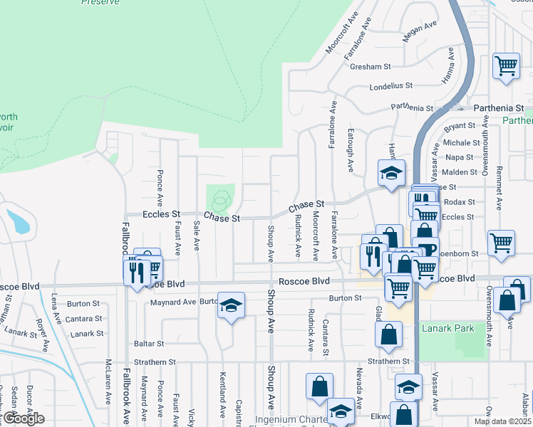map of restaurants, bars, coffee shops, grocery stores, and more near 8401 Shoup Avenue in Los Angeles
