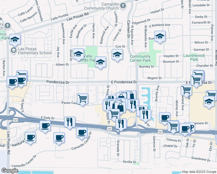 map of restaurants, bars, coffee shops, grocery stores, and more near 657 Lantana St in Camarillo
