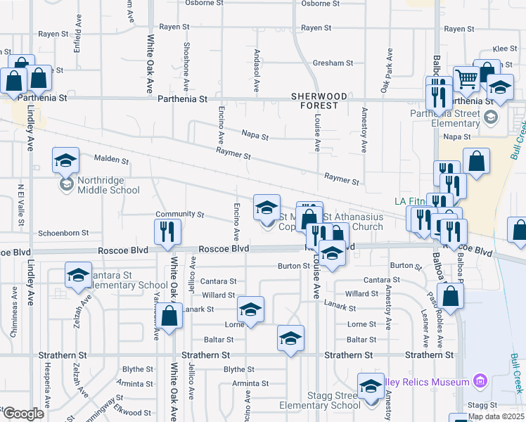 map of restaurants, bars, coffee shops, grocery stores, and more near 17420 Chase Street in Los Angeles