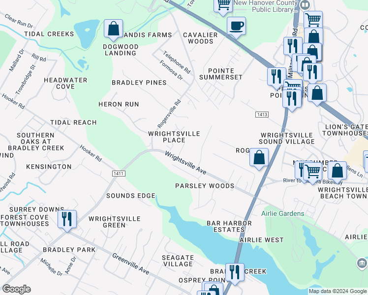 map of restaurants, bars, coffee shops, grocery stores, and more near 6229 Wrightsville Avenue in Wilmington