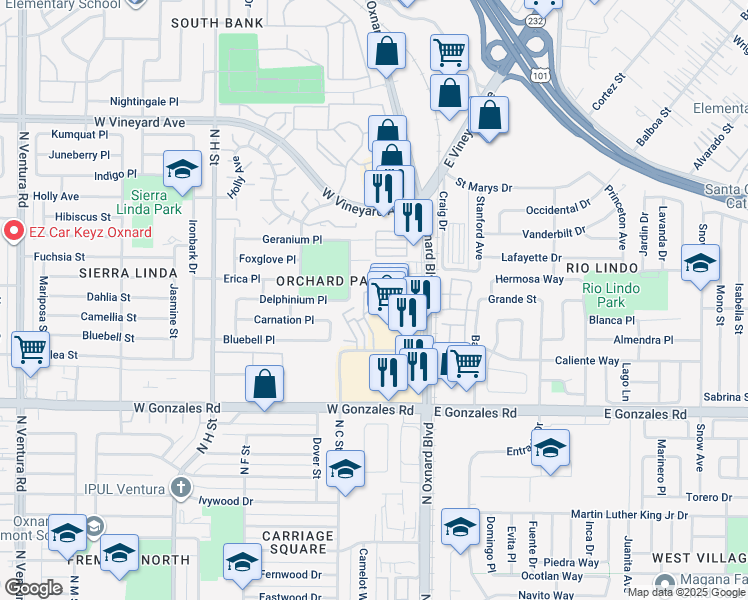 map of restaurants, bars, coffee shops, grocery stores, and more near 2180 Blackberry Circle in Oxnard