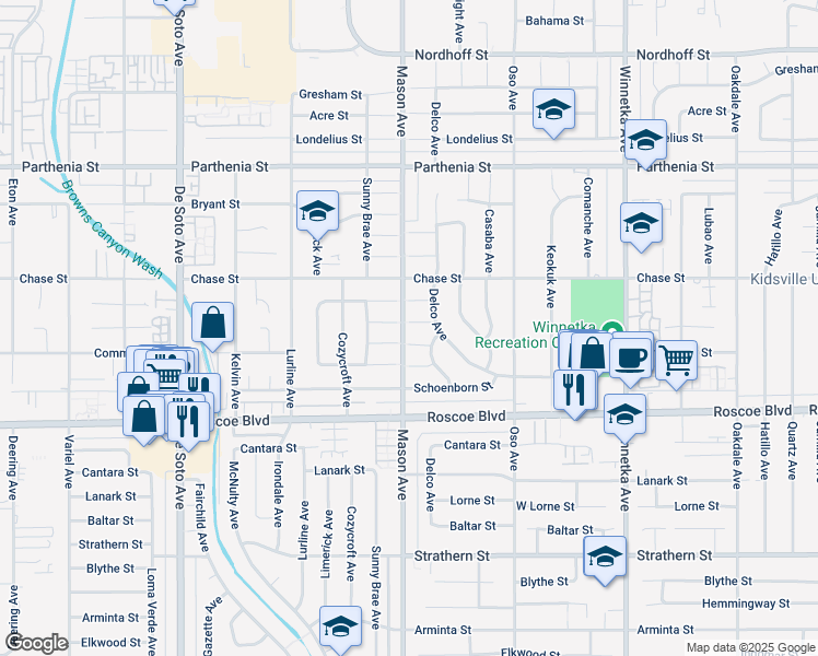 map of restaurants, bars, coffee shops, grocery stores, and more near 20456 Eccles Street in Los Angeles