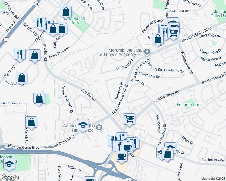 map of restaurants, bars, coffee shops, grocery stores, and more near 711 Hunt Circle in Camarillo