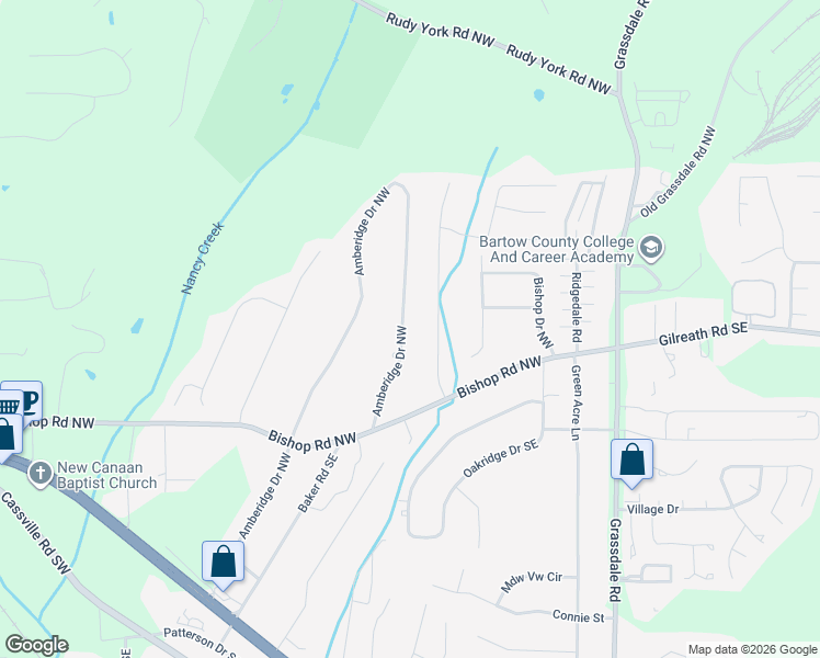 map of restaurants, bars, coffee shops, grocery stores, and more near 74 Amberidge Drive Northwest in Cartersville