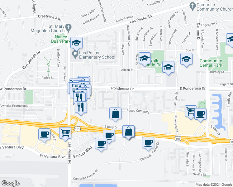 map of restaurants, bars, coffee shops, grocery stores, and more near 655 Paseo Lunar in Camarillo