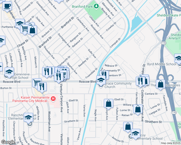 map of restaurants, bars, coffee shops, grocery stores, and more near 8401 Dorrington Avenue in Los Angeles