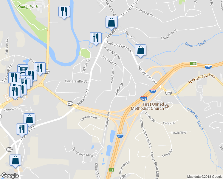 map of restaurants, bars, coffee shops, grocery stores, and more near 299 Meridian Street in Canton