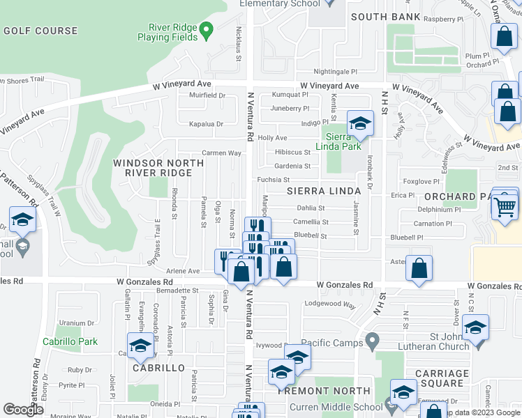 map of restaurants, bars, coffee shops, grocery stores, and more near 2077 Mariposa Street in Oxnard