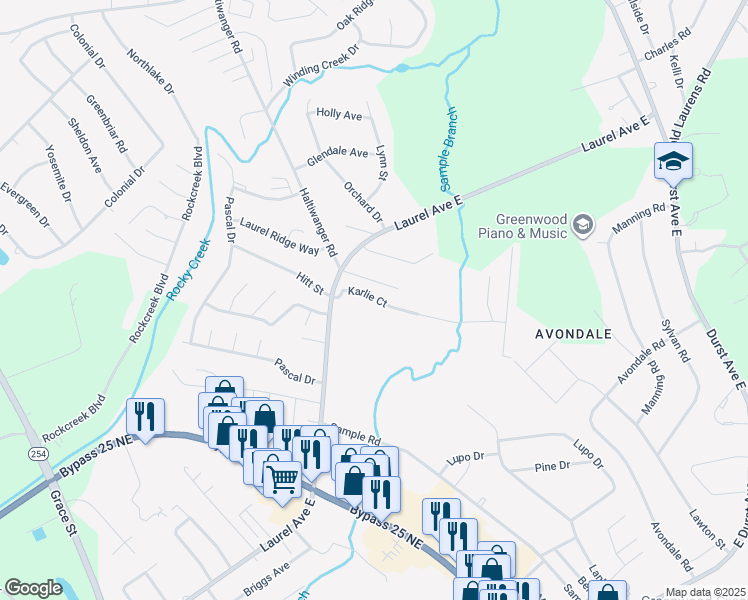 map of restaurants, bars, coffee shops, grocery stores, and more near 122 Karlie Court in Greenwood