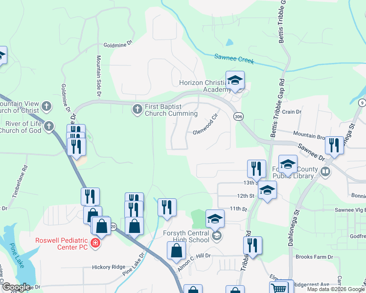 map of restaurants, bars, coffee shops, grocery stores, and more near 1710 Juliette Ln in Cumming