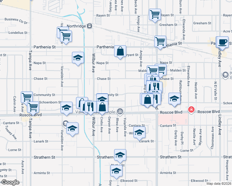 map of restaurants, bars, coffee shops, grocery stores, and more near 18740 Community Street in Los Angeles