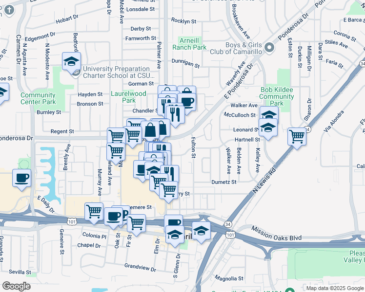 map of restaurants, bars, coffee shops, grocery stores, and more near 2400 Pickwick Drive in Camarillo